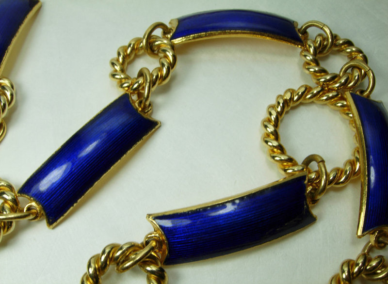 1970s Gucci Italy Blue Guilloche Enamel 39 Inch Necklace / Belt