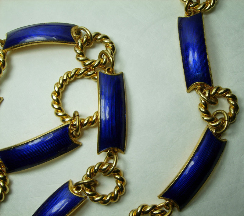 1970s Gucci Italy Blue Guilloche Enamel 39 Inch Necklace / Belt