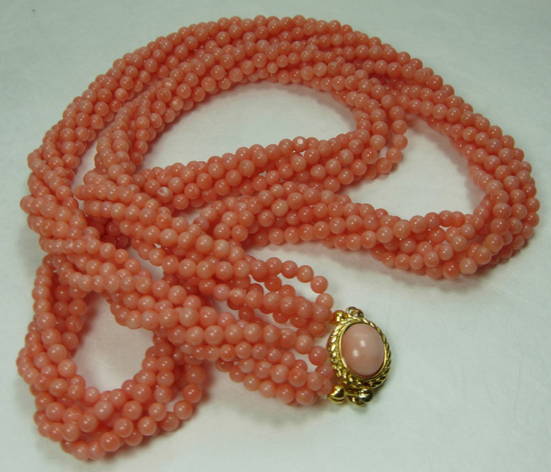 1970s 6 Strand Pink Salmon Angel Skin Coral Necklace Undyed 75 Grams