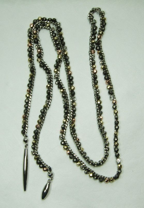 Lariat Necklace Crystals Studs Spikes Curb Chain 39 Inches Tri Color