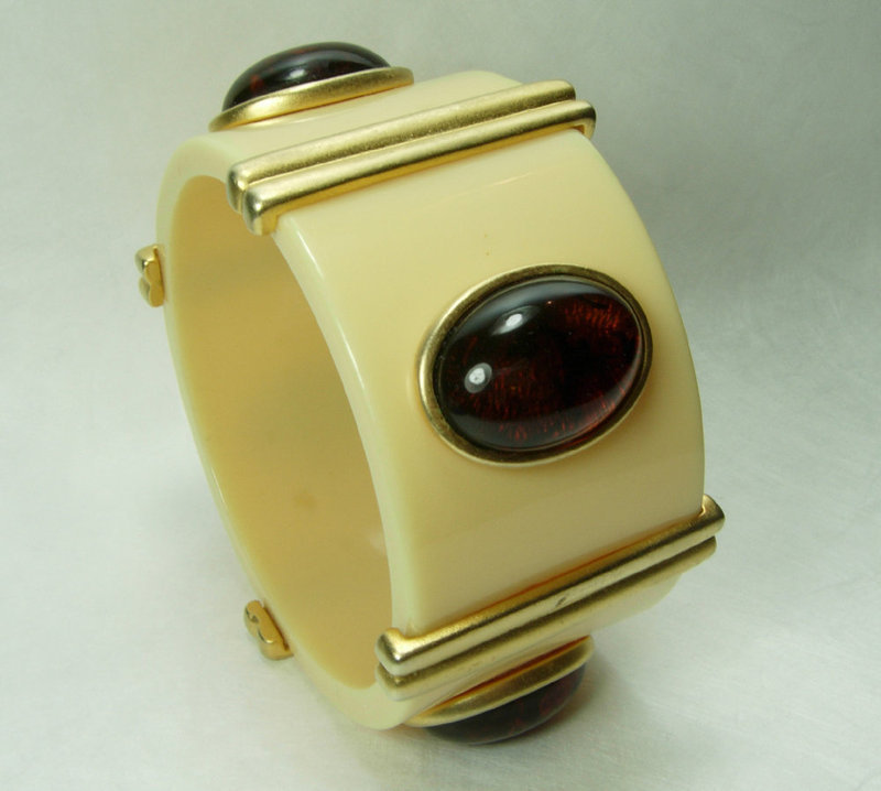 Huge Couture 1980s Lucite Faux Ivory Tortoise Goldtone Bangle Safari