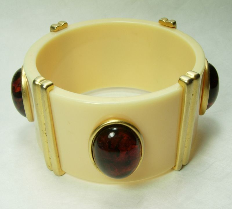 Huge Couture 1980s Lucite Faux Ivory Tortoise Goldtone Bangle Safari