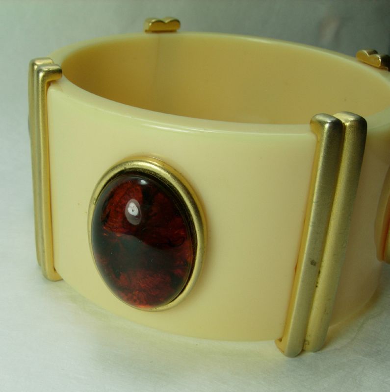 Huge Couture 1980s Lucite Faux Ivory Tortoise Goldtone Bangle Safari