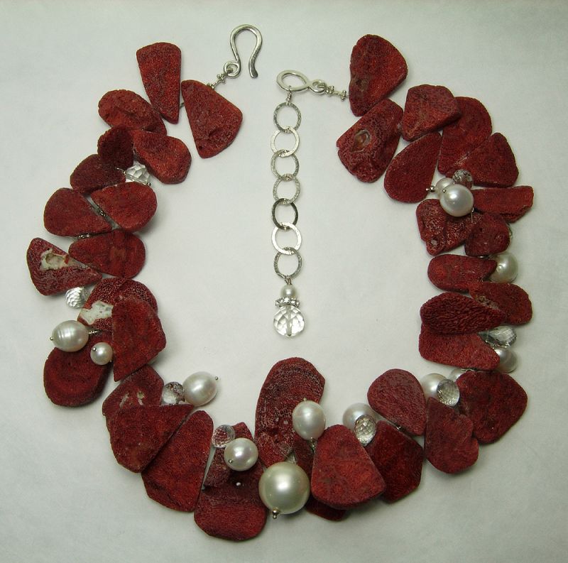 Vintage Studio Necklace Red Sponge Coral Rock Crystal Pearls Sterling