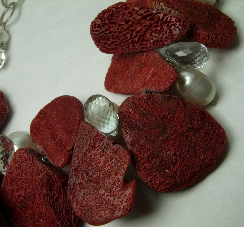 Vintage Studio Necklace Red Sponge Coral Rock Crystal Pearls Sterling