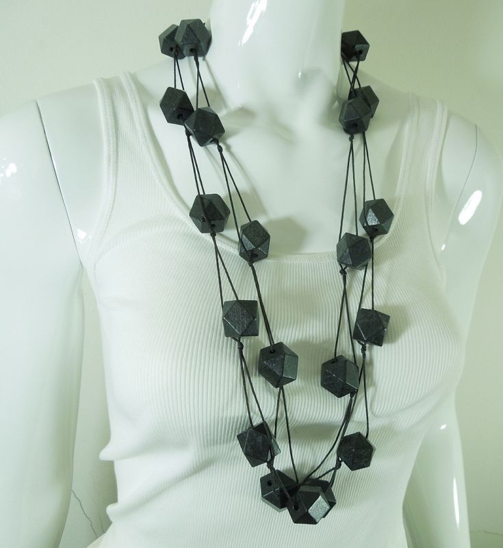 Architectural Unsigned Monies Necklace Black Wood Beads on Thin Cord