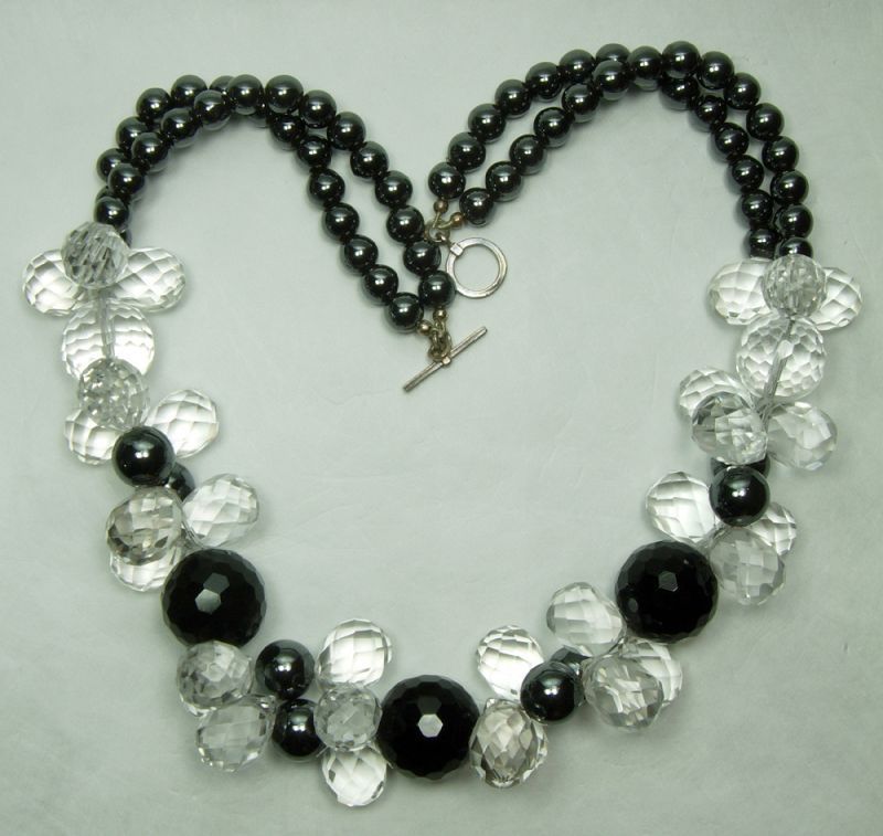 Vintage Rock Crystal Black Onyx Hematite Silver Statement Necklace