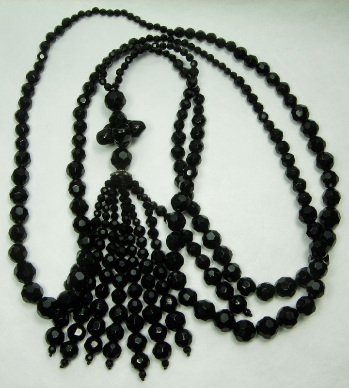 Pair 1980s Statement Black Glass Necklaces Tasselled 118 Inches Total