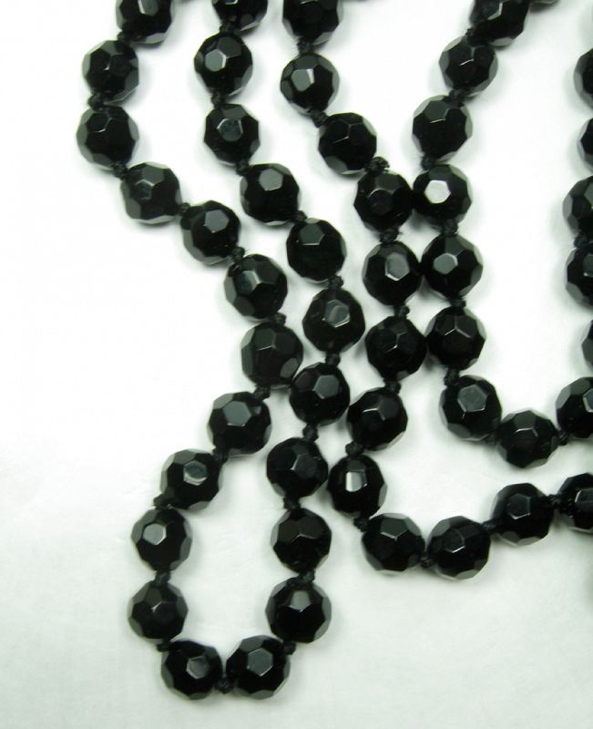 Pair 1980s Statement Black Glass Necklaces Tasselled 118 Inches Total