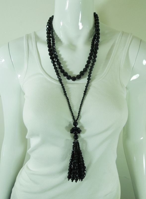 Pair 1980s Statement Black Glass Necklaces Tasselled 118 Inches Total