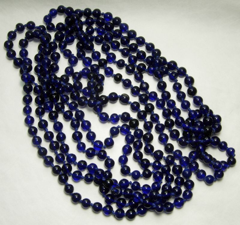 70s Cascading Cobalt Blue Poured Glass Necklace 126 Inch Hand Knotted