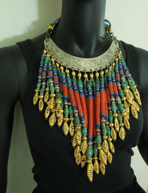 1980s Masha Archer Huge Bib Necklace Chinese Turquoise Blue Red Glass