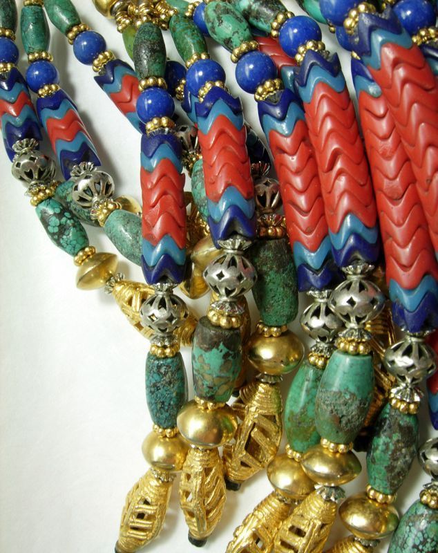 1980s Masha Archer Huge Bib Necklace Chinese Turquoise Blue Red Glass
