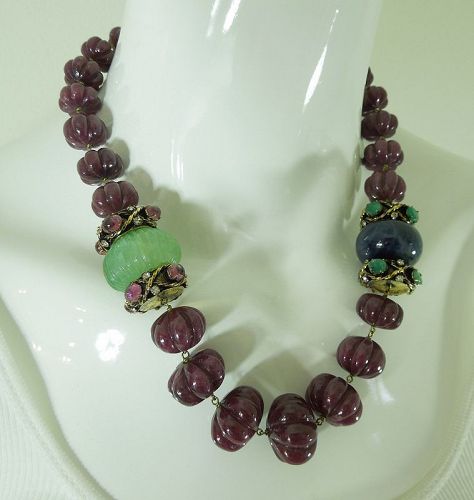 Iradj Moini Necklace Carved Ruby Sapphire Emerald Green Beryl Couture