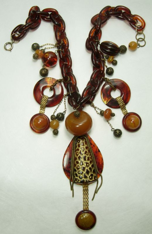 1960s French Tribal Couture Necklace Faux Amber Lucite Statement Size