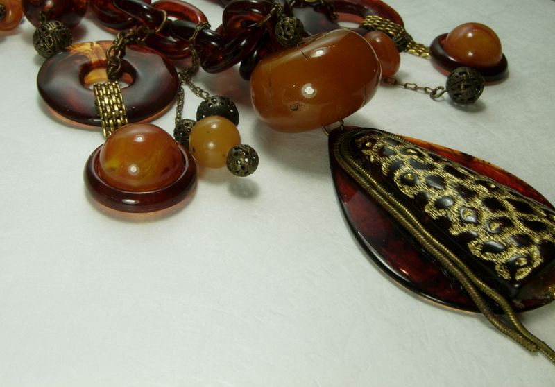 1960s French Tribal Couture Necklace Faux Amber Lucite Statement Size