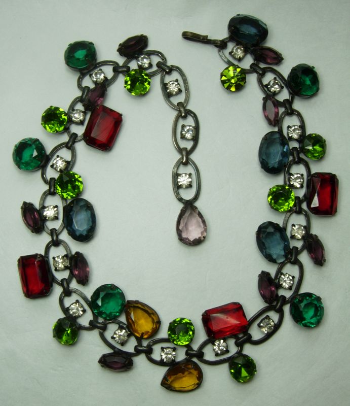 1980s Couture Runway Necklace Very Big Multi Glass Stones Greens Blue