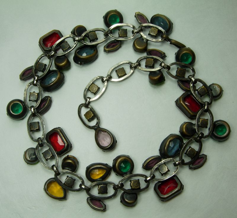 1980s Couture Runway Necklace Very Big Multi Glass Stones Greens Blue