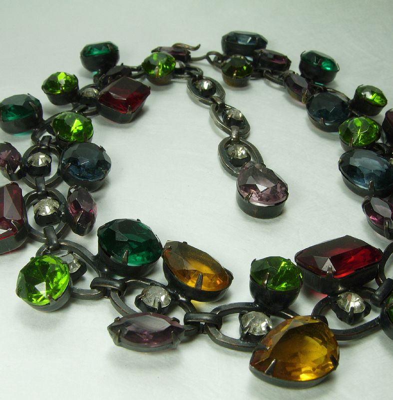 1980s Couture Runway Necklace Very Big Multi Glass Stones Greens Blue