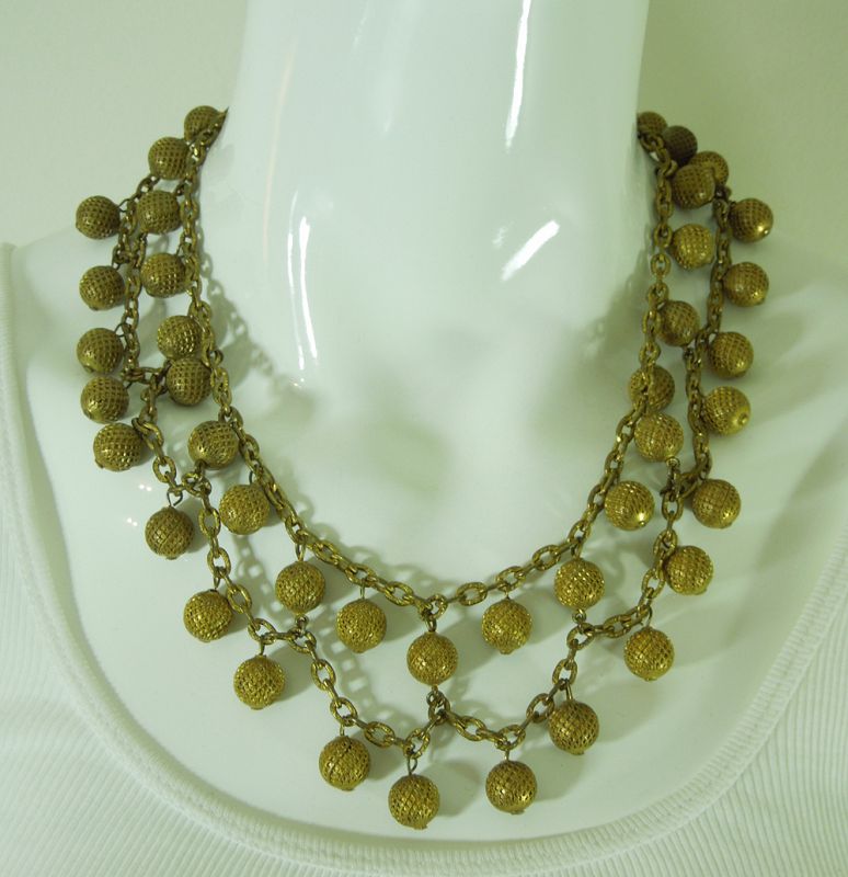 1930s French Festoon Necklace Tiered Chains Drops Goldtone Art Deco