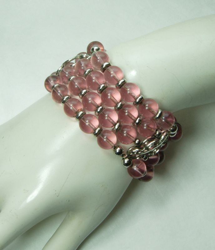 1980s Couture Pink Poured Glass Bracelet Chain Strung Statement Size