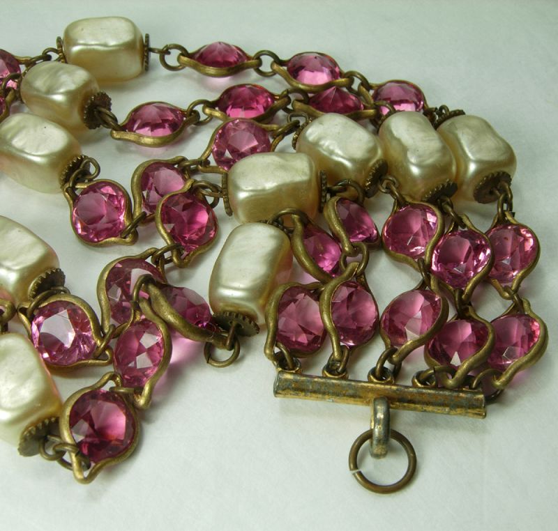 1940s French Pink Bezel Crystal Faux Baroque Pearl Bracelet Wired