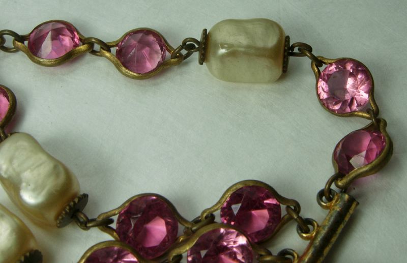 1940s French Pink Bezel Crystal Faux Baroque Pearl Bracelet Wired