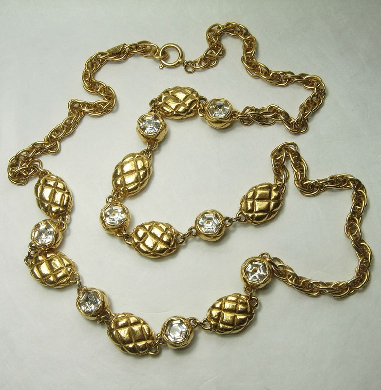 1980s Signed Chanel Necklace Matelasse Strass Heavy Couture 35 Inches