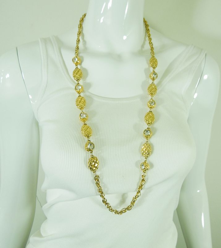 1980s Signed Chanel Necklace Matelasse Strass Heavy Couture 35 Inches