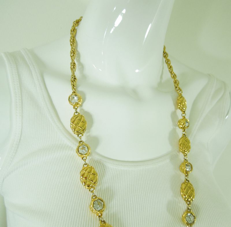 1980s Signed Chanel Necklace Matelasse Strass Heavy Couture 35 Inches