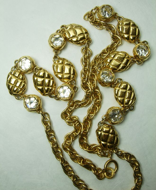 1980s Signed Chanel Necklace Matelasse Strass Heavy Couture 35 Inches