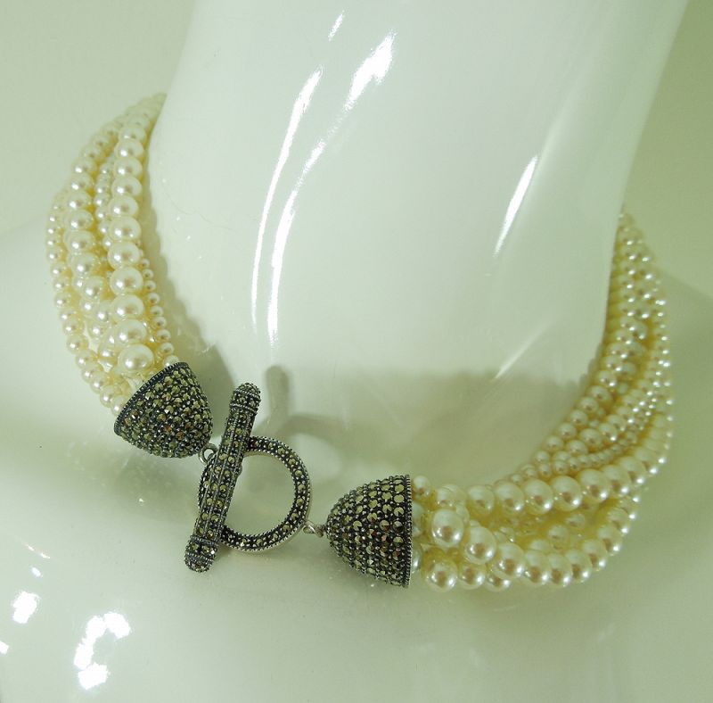 1980s Couture Necklace Sterling Silver Marcasites Glass Faux Pearls