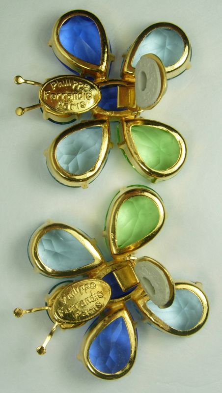 1980s Philippe Ferrandis Paris Earrings Butterflies Huge Glass Stones