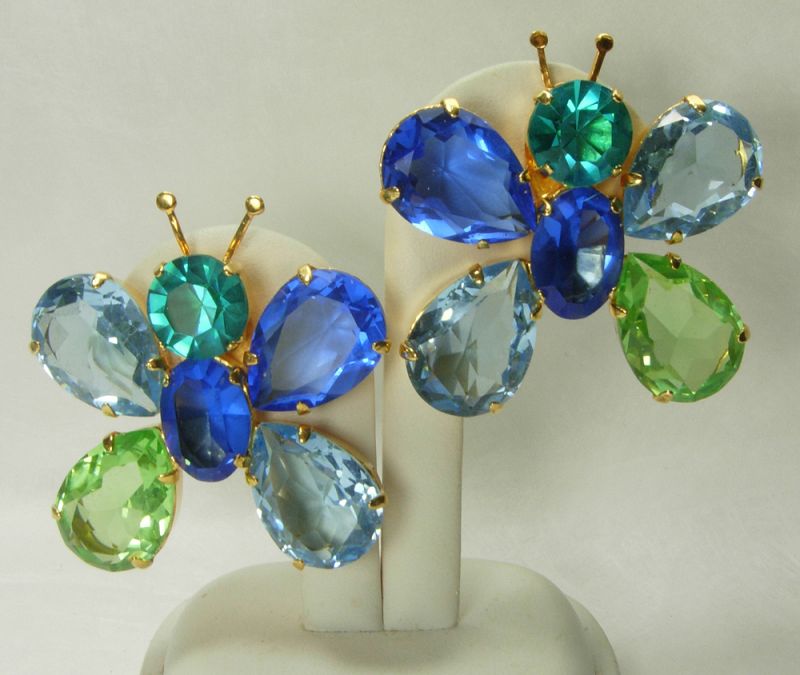 1980s Philippe Ferrandis Paris Earrings Butterflies Huge Glass Stones