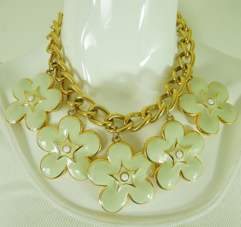 1992 Escada Runway Couture Bib Charm Necklace Pale Green Flower Drops