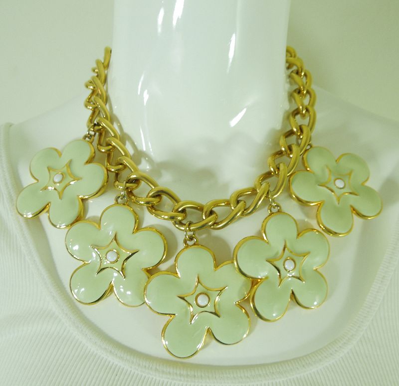 1992 Escada Runway Couture Bib Charm Necklace Pale Green Flower Drops