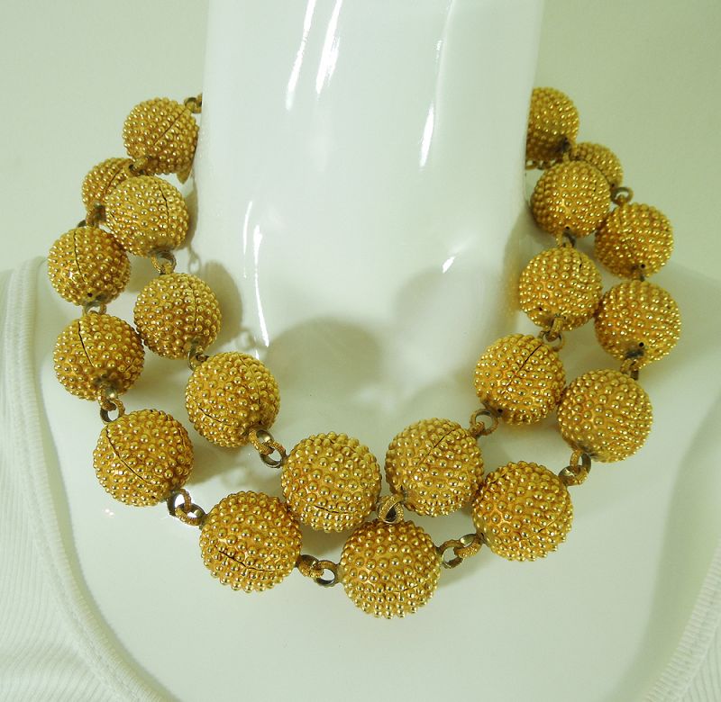 1980s French Runway Necklace Wired Textured Balls Bamboo Form Clasp
