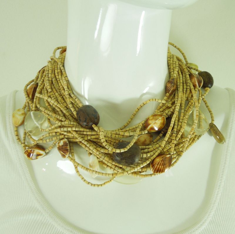 1980s Signed Monies Necklace Coconut Shell Carved Horn Lucite Shells