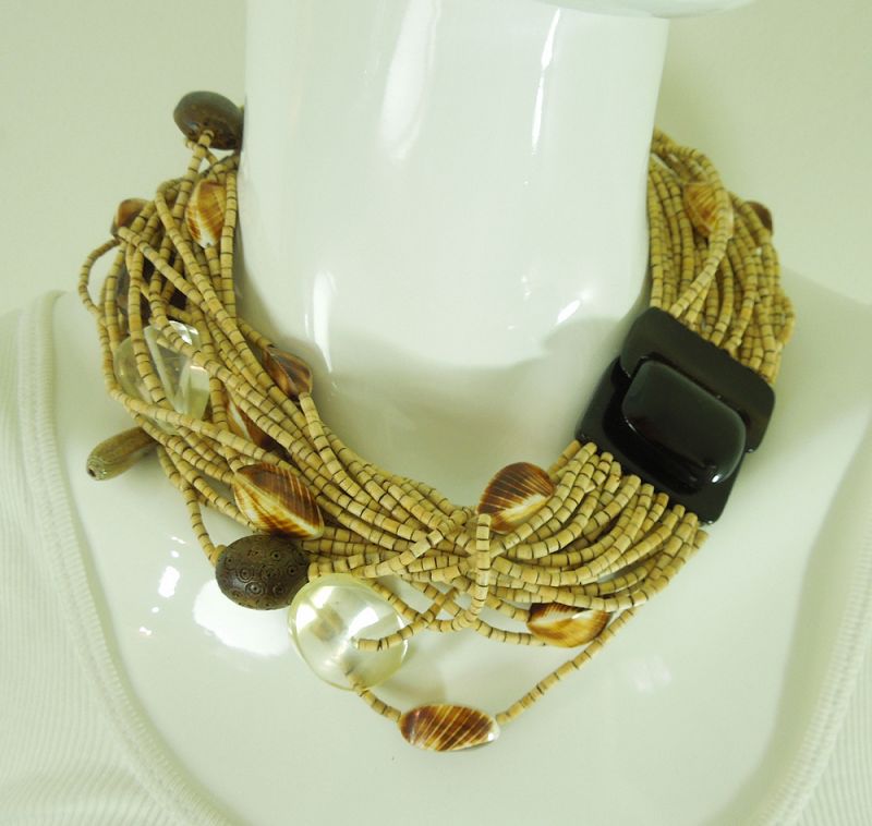 1980s Signed Monies Necklace Coconut Shell Carved Horn Lucite Shells