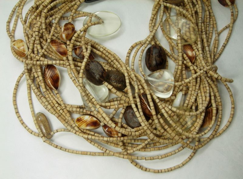 1980s Signed Monies Necklace Coconut Shell Carved Horn Lucite Shells