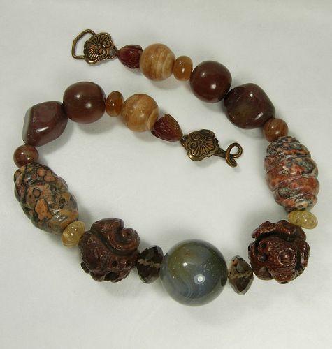 80s Stephen Dweck Necklace Gray Leopard Agate Quartz Carved Wood Horn