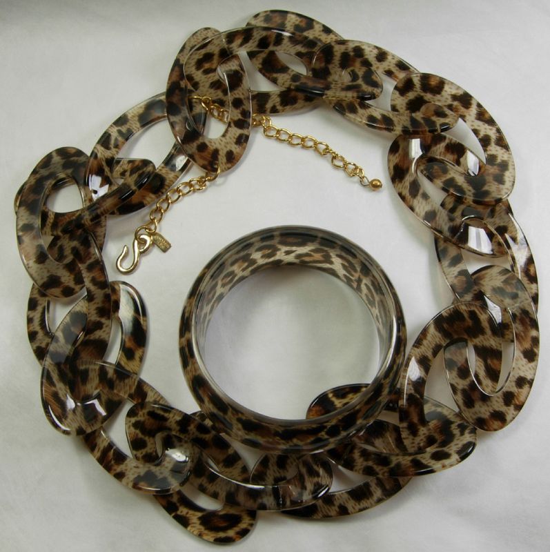 Signed Kenneth J Lane KJL Leopard Lucite Chain Necklace Bracelet Set