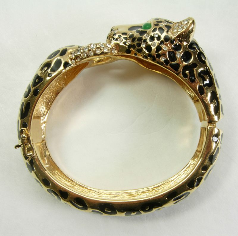 Signed Ciner Leopard Bracelet Black Enamel Green Glass Rhinestones