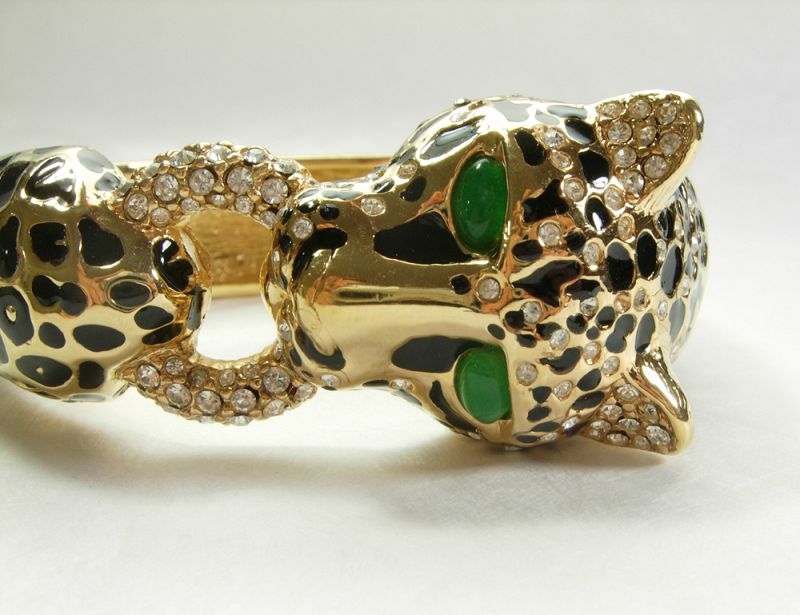 Signed Ciner Leopard Bracelet Black Enamel Green Glass Rhinestones