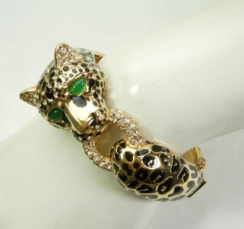 Signed Ciner Leopard Bracelet Black Enamel Green Glass Rhinestones