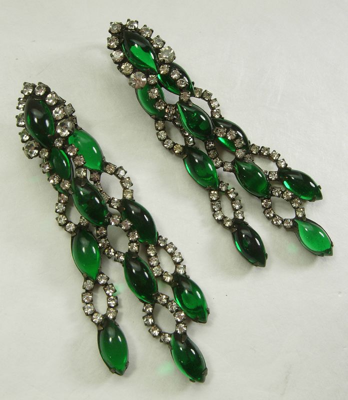 1960s KJL Kenneth J Lane Earrings Green Poured Glass Diamanté 3.5 Inch