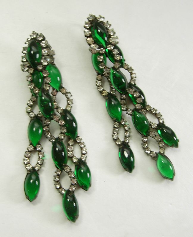 1960s KJL Kenneth J Lane Earrings Green Poured Glass Diamanté 3.5 Inch