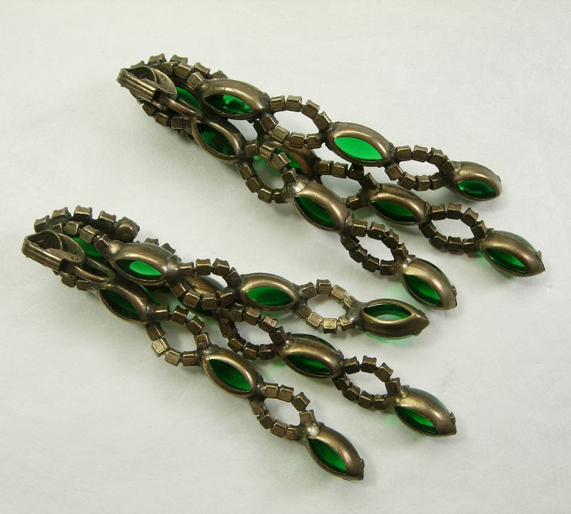 1960s KJL Kenneth J Lane Earrings Green Poured Glass Diamanté 3.5 Inch