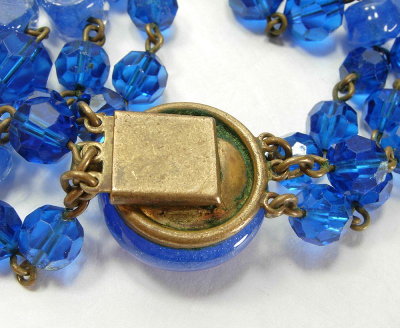 1950 French Blue Poured Glass Wired Necklace Heavy Dark Goldtone Metal