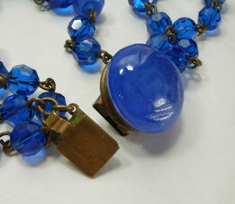 1950 French Blue Poured Glass Wired Necklace Heavy Dark Goldtone Metal